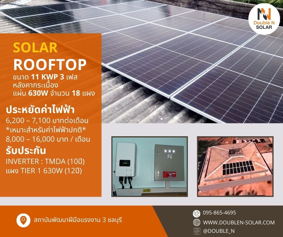 ผลงานติดตั้งระบบโซล่ารูฟท็อป ขนาด 11 kWp 3 เฟส ณ สถาบันพัฒนาฝีมือแรงงาน 3 ชลบุรี